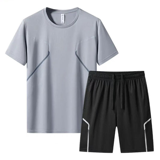 Mens Ice Silk Sports Leisure Set Summer Short sleeved Shorts Large Round Neck Thin Two Piece Set